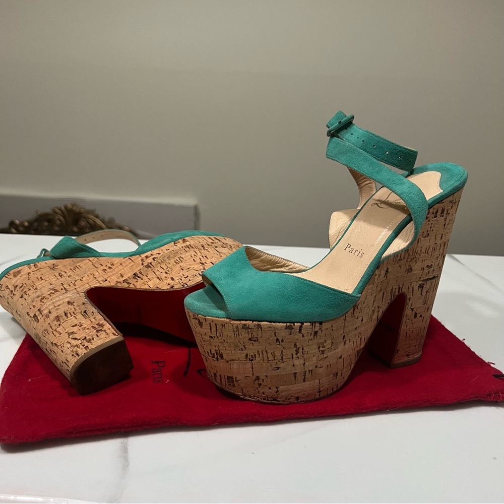 Christian Louboutin Turquoise Platform Sandals with Cork Wedge